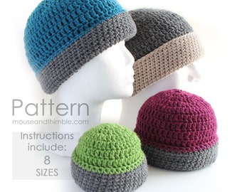 Easy Reversible Beanie Hat Crochet PATTERN, Basic Stitches Simple Unisex Style, Preemie to Adult Extra Large, 8 Sizes, Download, PDF-9273