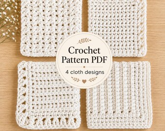 May include: Four square off-white crochet cloths with distinct textured patterns arranged in a grid. A central circular label displays the text Crochet Pattern PDF 4 cloth designs. A banner at the bottom reads mouseandthimble.etsy.com.