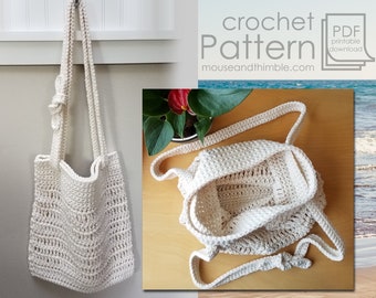 Alki Beach Market Bag Crochet PATTERN, Open Mesh Cotton Shoulder Tote, Bow Tie Double Draw Strap, Small Flat Pouch, Easy Beginner, PDF-1407