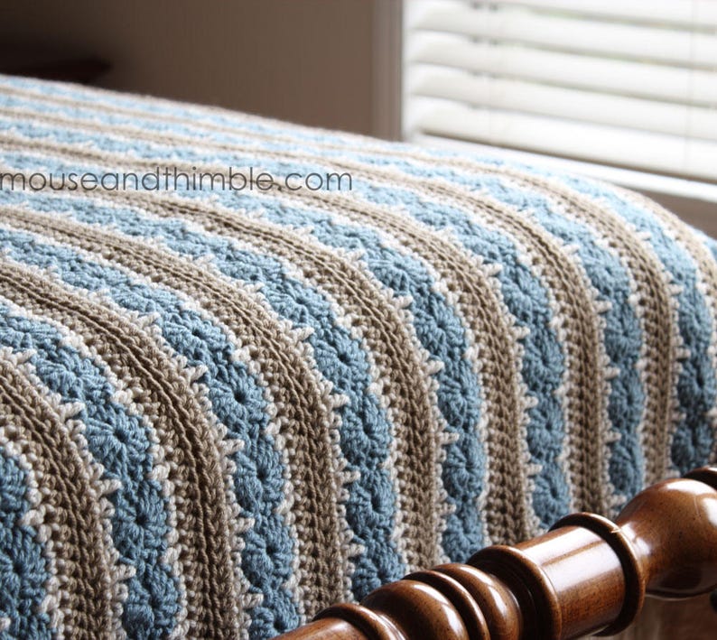 Easy Afghan Blanket Crochet PATTERN, Multiple Size Bed Top Covers, 3 Color Circle & Stripe, Ocean Shore Design, Printable Download, PDF-5436 image 2