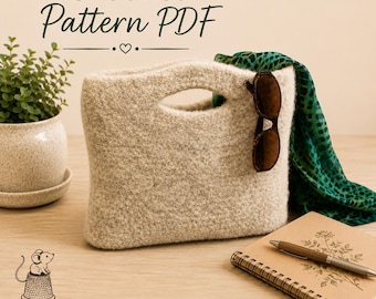 May include: A beige felted handbag with a cutout handle, featuring a pair of dark brown sunglasses resting on the side. The image includes text that reads Crochet Pattern PDF and mouseandthimble.etsy.com with a small mouse and thimble icon.