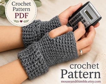 May include: A pair of dark gray fingerless gloves with a textured crochet stitch pattern. The gloves feature a folded cuff design and a thumb opening. The image includes text stating Crochet Pattern PDF and Instructions include 3 Sizes: S/M, M/L, L/XL.