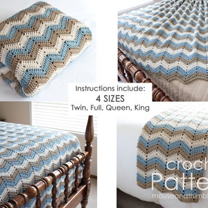 Afghan Blanket Crochet PATTERN, Easy Bed Topper Throw, Chevron Stripes Seaside Design, Multiple Sizes, Instant Download, Printable PDF-6080 image 2