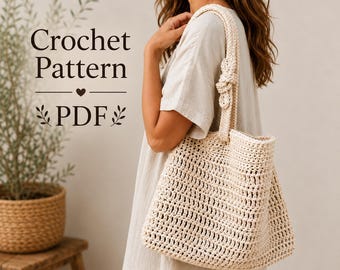 May include: A cream-colored crochet tote bag with a knotted shoulder strap. The text Crochet Pattern PDF is displayed on the left, and the URL mouseandthimble.etsy.com is printed at the bottom. The bag features a textured, open-stitch design.