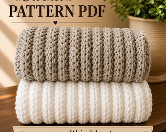 May include: A digital crochet pattern PDF featuring two folded blankets with a ribbed texture, one in light beige and one in white. The text reads Crochet PATTERN PDF and mouseandthimble.etsy.com. The blankets are stacked on a wooden surface.