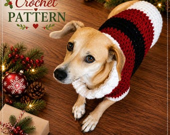 May include: A crochet pattern for a dog sweater featuring a striped design in red, black, and white with a textured white collar. The image includes the text "Crochet PATTERN" and "mouseandthimble.etsy.com" alongside festive holiday decorations.
