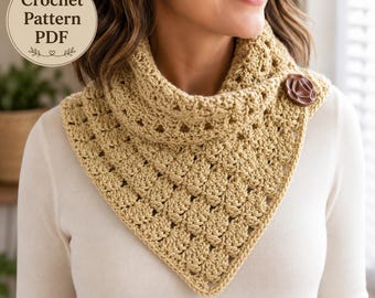 May include: A beige crochet cowl scarf featuring a textured stitch pattern and a single dark brown circular button on the side. A circular badge in the upper left corner displays the text Crochet Pattern PDF, and the bottom text reads mouseandthimble.etsy.com.