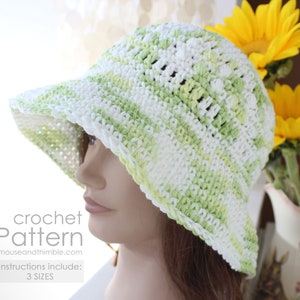 Wide Brim Bucket Hat Crochet PATTERN, Easy Cool Key Lime Cotton Sunhat, 3 Sizes for Children and Adults, Tutorial, Download, PDF-1650