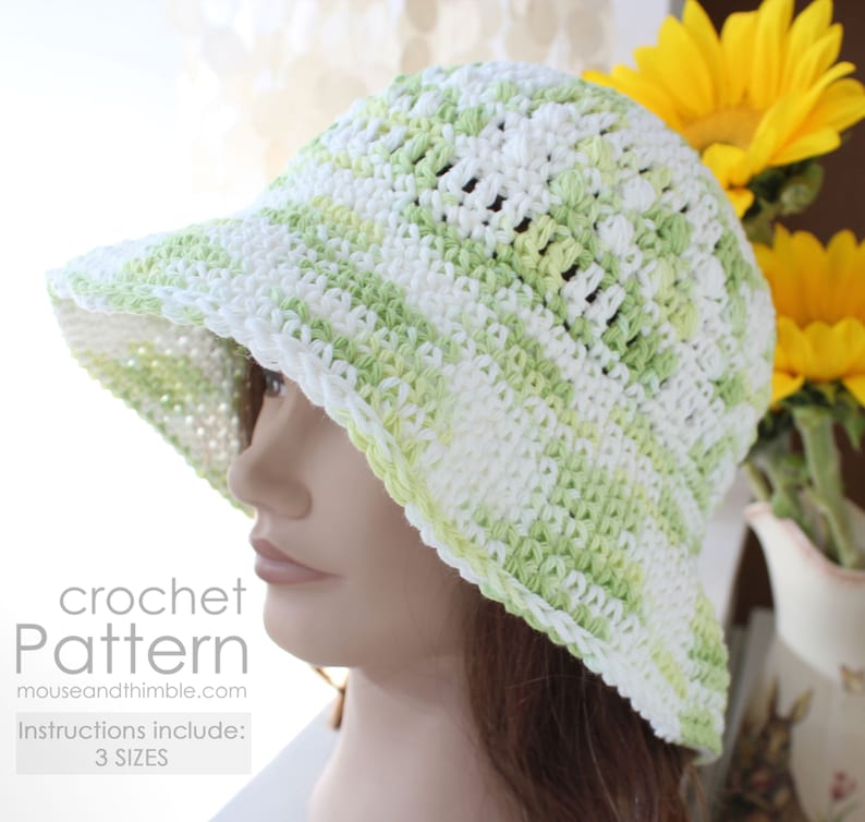 Wide Brim Bucket Hat Crochet PATTERN, Easy Cool Key Lime Cotton Sunhat, 3 Sizes for Children and Adults, Tutorial, Download, PDF-1650 image 4