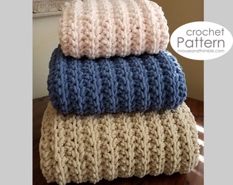 Quick & Easy Blanket Crochet PATTERN, Bulky Chunky Thermal Ribbed Afghan Throw, Baby through Adult Oversize, 5 Sizes, Tutorial, PDF-3072