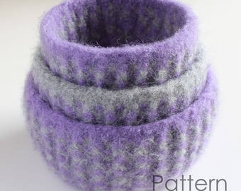 Felted Wool Bowls Crochet PATTERN, 3 Gingham Check Nesting Baskets, Stacking Shelf Sitter Holders, Easy Felting Tutorial, Download, PDF-3525