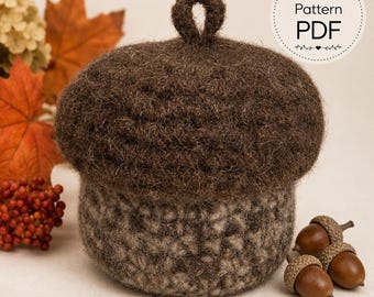 Felted Wool Acorn Crochet PATTERN, Little Covered Bowl with Lid, Autumn Shelf Sitter Stash Baskets, Felting Tutorial, Download, PDF-4040