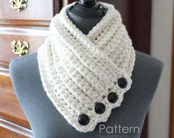 Bulky Buttoned Scarf Crochet PATTERN, Chunky Tuscany Neck Warmer, Tailored V-Neck Cowl, Photo Tutorial, Instant Download, Printable PDF-7916