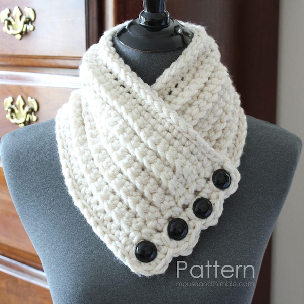 Bulky Buttoned Scarf Crochet PATTERN, Chunky Tuscany Neck Warmer, Tailored V-Neck Cowl, Photo Tutorial, Instant Download, Printable PDF-7916