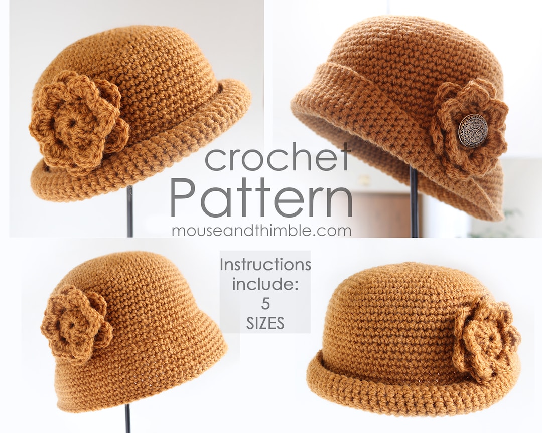 Crochet Hat & Flower PATTERN, Infant to Adult Sizes, Easy Rolled Brim