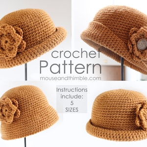 Crochet Hat & Flower PATTERN, Infant to Adult Sizes, Easy Rolled Brim Beanie, Tupelo Cloche Tutorial, Instant Download, Printable PDF-1623