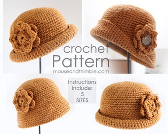 Crochet Hat & Flower PATTERN, Infant to Adult Sizes, Easy Rolled Brim Beanie, Tupelo Cloche Tutorial, Instant Download, Printable PDF-1623