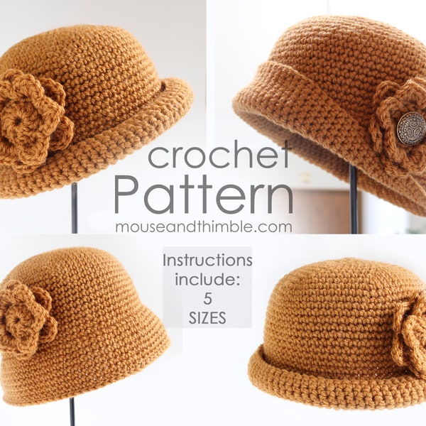 Crochet Hat & Flower PATTERN, Infant to Adult Sizes, Easy Rolled Brim Beanie, Tupelo Cloche Tutorial, Instant Download, Printable PDF-1623