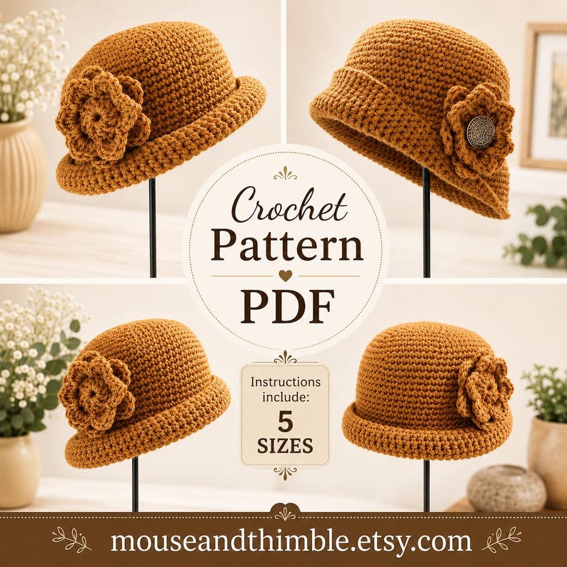 May include: A mustard yellow crochet hat featuring a textured stitch pattern and a large crocheted flower accent on the side. The image includes text stating Crochet Pattern PDF, Instructions include: 5 SIZES, and mouseandthimble.etsy.com.