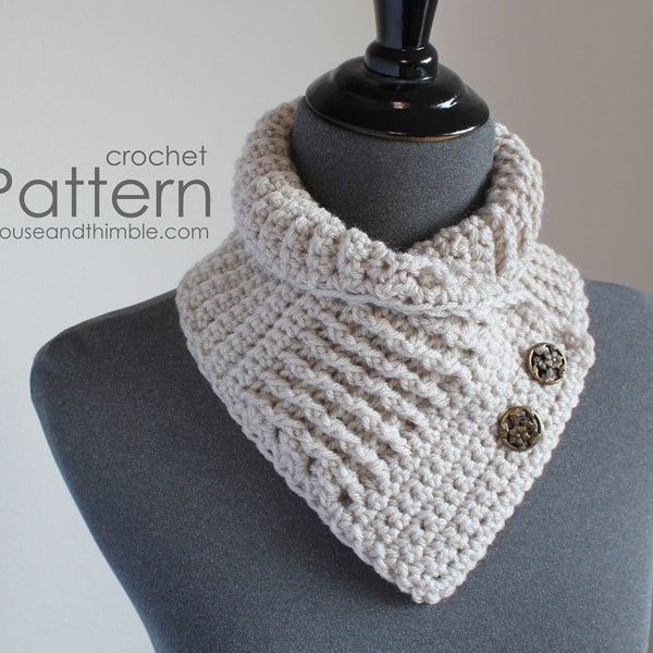 Buttoned Neck Warmer Crochet PATTERN, Easy Tailored V-Shape Waffle Cowl, Double Breasted Ascot Valley Scarf, Printable Download, PDF-2405