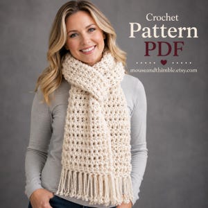 Super Bulky Long Scarf, Beginner Easy Crochet PATTERN, Simple Chunky Knotted Fringe, Photo Tutorial, Instant Download, Printable PDF-9810