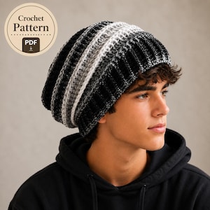 May include: A crochet pattern PDF for a beanie hat featuring a ribbed texture with a gradient colour scheme transitioning from black to grey and white. The hat has a slouchy fit and is displayed with a circular badge labelled Crochet Pattern PDF.