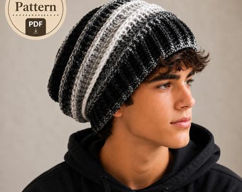 May include: A crochet pattern PDF for a beanie hat featuring a ribbed texture with a gradient color scheme transitioning from black to grey and white. The hat has a slouchy fit and is displayed with a circular badge labeled Crochet Pattern PDF.