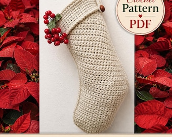 May include: A beige crochet Christmas stocking featuring a folded cuff adorned with a cluster of red berries and green leaves. A small brown button secures the hanging loop. A circular badge displays the text Crochet Pattern PDF.