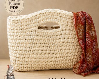 May include: A cream-colored crocheted handbag with integrated handles, accompanied by a red and gold patterned scarf. A small mouse figurine sits on a metal thimble. Text reads: Crochet Pattern PDF and mouseandthimble.etsy.com.