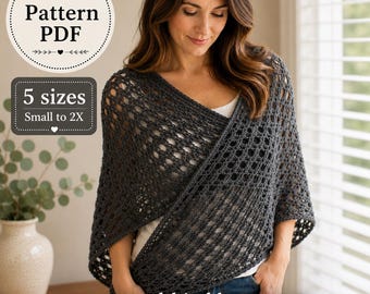 May include: A dark gray crochet wrap featuring an openwork stitch pattern. The text on the image reads: Crochet Pattern PDF, 5 sizes Small to 2X, and mouseandthimble.etsy.com. The wrap is worn over a white top and blue jeans.