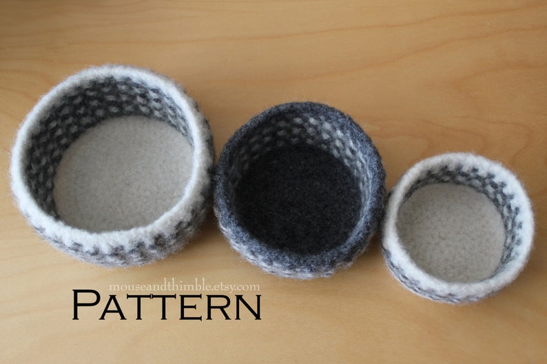 Felted Wool Bowls Crochet PATTERN, 3 Gingham Check Nesting Baskets, Stacking Shelf Sitter Holders, Easy Felting Tutorial, Download, PDF-3525 