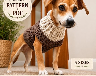 May include: A small brown and white dog wearing a two-toned crochet sweater with a dark brown body and a cream-colored ribbed turtleneck collar. The image includes text that reads Crochet PATTERN PDF, 5 SIZES, and mouseandthimble.etsy.com.