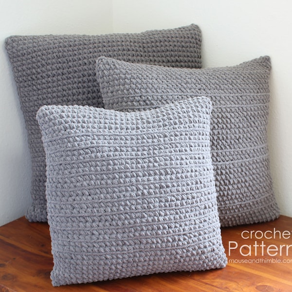 Chunky Pillow Cushion Crochet PATTERN, Bulky Square Modern Chic Covers, 3 Styles and Sizes, Cairn Design, Printable Download, PDF-1418