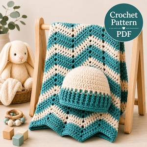 May include: A crochet blanket and matching beanie set featuring a chevron pattern in alternating teal and cream yarn. The blanket is draped over a wooden stand. A circular teal graphic in the upper right corner contains the text Crochet Pattern PDF.