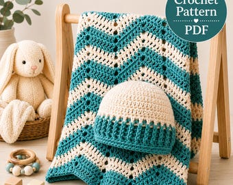 May include: A crochet blanket and matching beanie set featuring a chevron pattern in alternating teal and cream yarn. The blanket is draped over a wooden stand. A circular teal graphic in the upper right corner contains the text Crochet Pattern PDF.