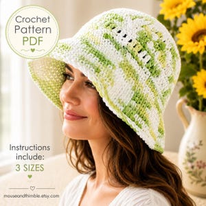 Wide Brim Bucket Hat Crochet PATTERN, Easy Cool Key Lime Cotton Sunhat, 3 Sizes for Children and Adults, Tutorial, Download, PDF-1650