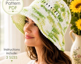 Wide Brim Bucket Hat Crochet PATTERN, Easy Cool Key Lime Cotton Sunhat, 3 Sizes for Children and Adults, Tutorial, Download, PDF-1650