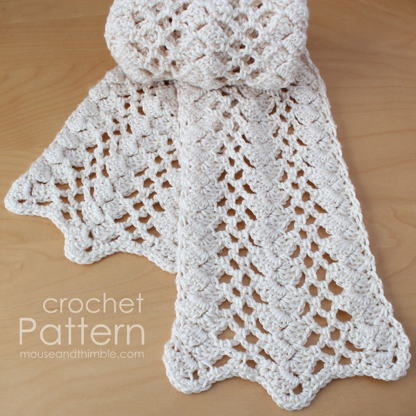 Long Silky Scarf Crochet PATTERN, Scalloped Edge Easy Open Mesh, Shell and Chain Neck Warmer, Kokomo Design, Printable Download, PDF-1286