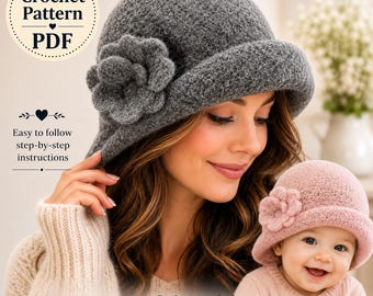 May include: A gray crochet hat with a matching flower accent and a pink crochet hat with a matching flower accent. Text on the image reads: Crochet Pattern PDF, Easy to follow step-by-step instructions, and mouseandthimble.etsy.com.