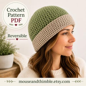 Easy Reversible Beanie Hat Crochet PATTERN, Basic Stitches Simple Unisex Style, Preemie to Adult Extra Large, 8 Sizes, Download, PDF-9273