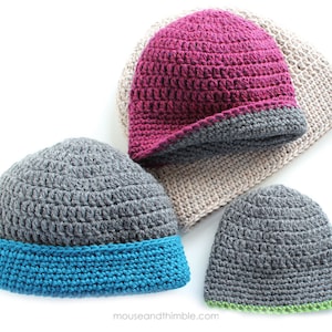 May include: Four crocheted hats in different colors. The hats are made with a simple stitch and have a folded brim. The hats are in the colors gray, teal, pink, and beige.