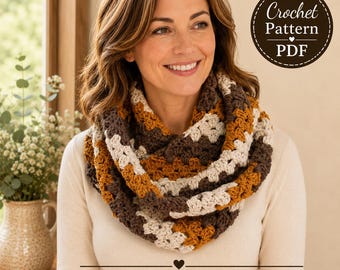 May include: A chunky crochet infinity scarf featuring a repeating striped pattern in shades of dark brown, mustard yellow, and cream. The scarf is worn around the neck. A circular graphic in the corner reads Crochet Pattern PDF and mouseandthimble.etsy.com.