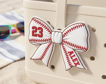 Custom Baseball Bow Bogg Bag Charm | Personalized PVC Boggbit with Name & Number | Sports Mom Tote Bag Accessory | Team Spirit Tag