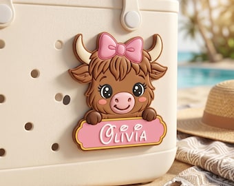 Pink Highland Kuh Bogg Taschenanhänger | Custom Name PVC Boggbit | Niedliche Kuh Tote Bag Accessoire