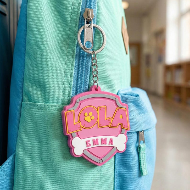 May include: A pink and yellow shield-shaped keychain with the name "LOLA" and "EMMA" printed on it. The keychain is attached to a silver zipper pull on a teal and blue backpack. The keychain has a paw print and bone design.