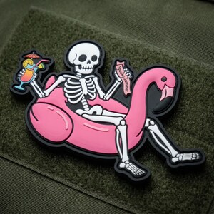 Spooky Summer Skeleton on Flamingo Float PVC Patch | Summerween Morale Patch | Goth Beach Vibe Hook & Loop | Halloween in July Accessory