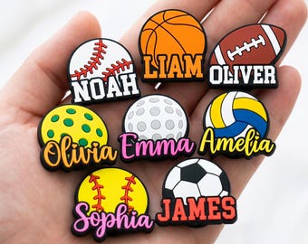 Custom Name Sport Ball Shoe Charms 5Pcs Set, Personalized Baseball Basketball Soccer Volleyball PVC Charms