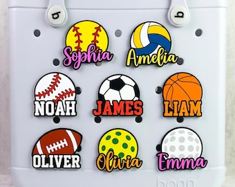 Personalized Sport Ball Bogg Bag Charm, Custom Name BoggBits, Baseball Soccer Volleyball Basketball Accessories, Sports Mom Gift, PVC Charm