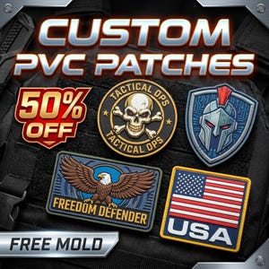 Könnte beinhalten: Eine Sammlung von individuellen PVC-Aufnähern mit einem Totenkopf mit gekreuzten Knochen, einem Spartanerhelm, einem Weißkopfseeadler mit dem Text FREEDOM DEFENDER und einem rechteckigen US-Flaggen-Aufnäher mit dem Text USA auf einer Weste.