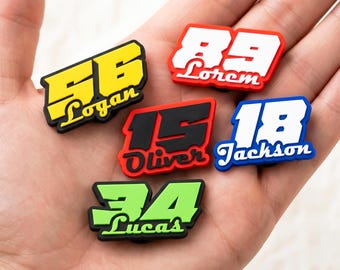 Custom Racing Number & Name Shoe Charms - Set of 5 Personalized Sports Clog Pins, Custom Team PVC Charms, Motocross Dirt Bike Gifts